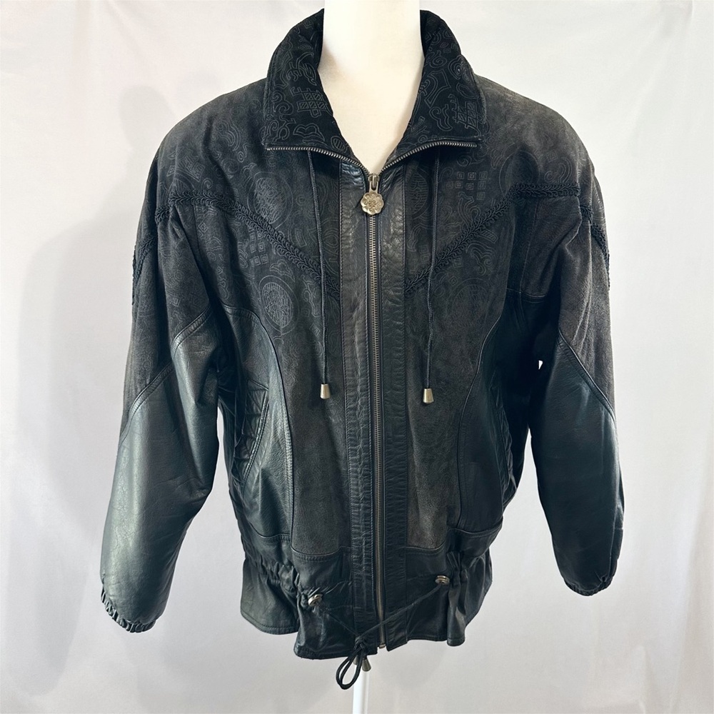 Vintage 80s Rafael Black Suede Leather Embossed Cropped Cinched Waist Jacket